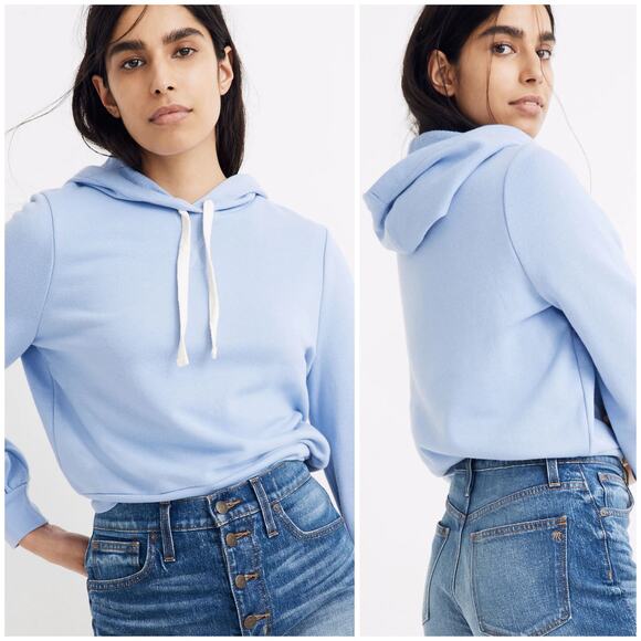 Madewell Cropped Hoodie Large Blue Sweatshirt Bubble Sleeve Casual Lounge Basic - Picture 1 of 12